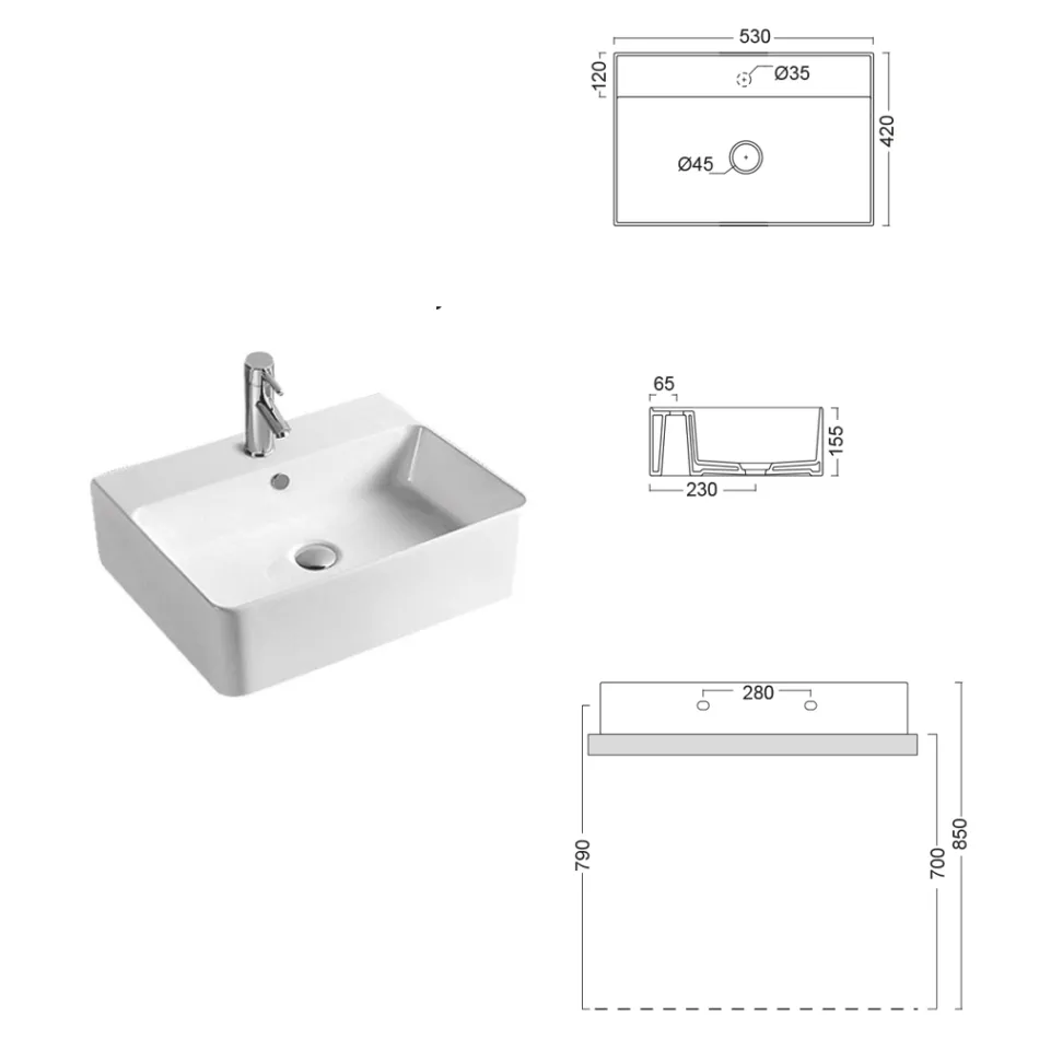 Lavabo da Appoggio in Ceramica e Foro Rubinetteria Design Moderno - Papavero Viadurini