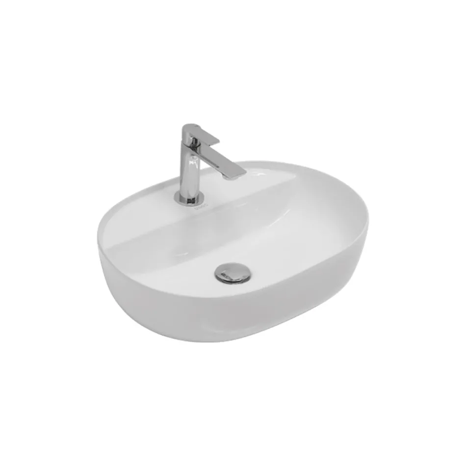 Lavabo da Appoggio in Ceramica e Foro Rubinetteria Design Moderno - Papavero Viadurini