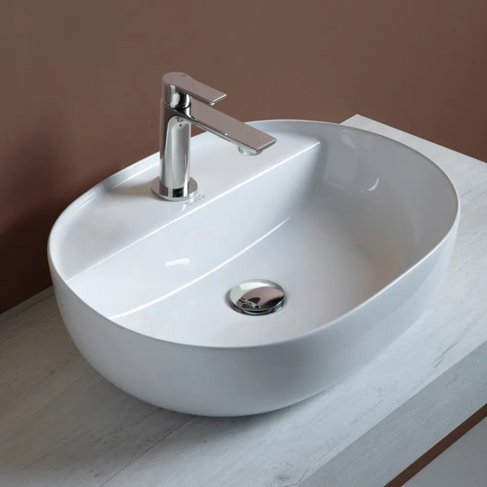 Lavabo da Appoggio in Ceramica e Foro Rubinetteria Design Moderno - Papavero Viadurini