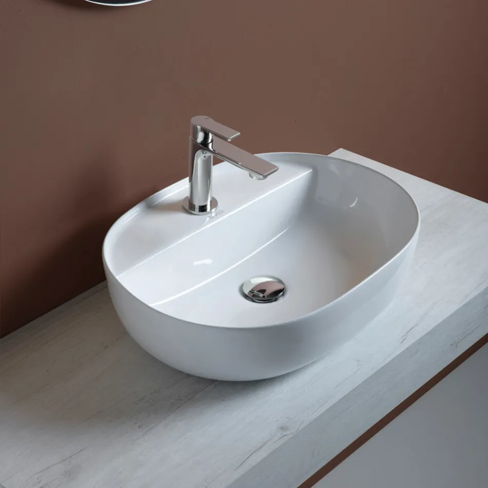 Lavabo da Appoggio in Ceramica e Foro Rubinetteria Design Moderno - Papavero Viadurini