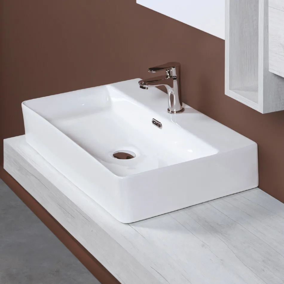 Lavabo da Appoggio in Ceramica e Foro Rubinetteria Design Moderno - Papavero Viadurini