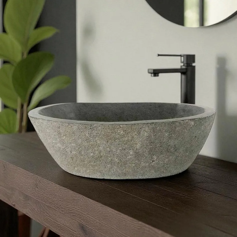 Lavabo da appoggio in pietra di fiume Akta pezzo unico Viadurini