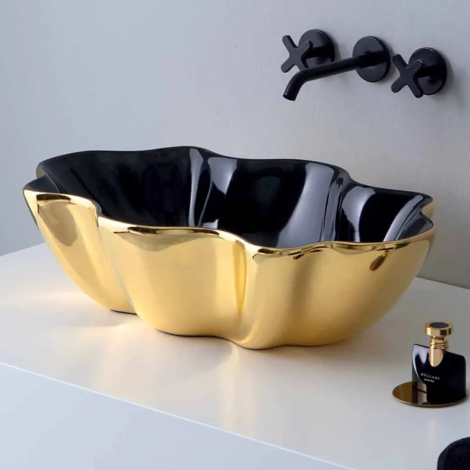 Lavabo da appoggio moderno in ceramica oro e nero fatto in Italia Cubo Viadurini