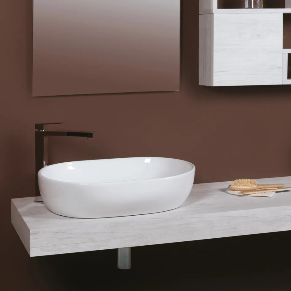 Lavabo da Appoggio Ovale in Ceramica Bianca dal Design Moderno - Papavero Viadurini