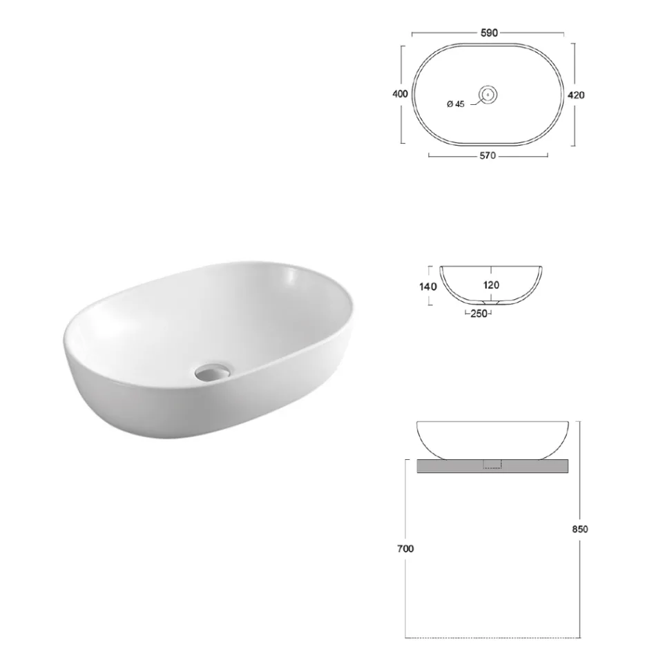 Lavabo da Appoggio Ovale in Ceramica Bianca dal Design Moderno - Papavero Viadurini