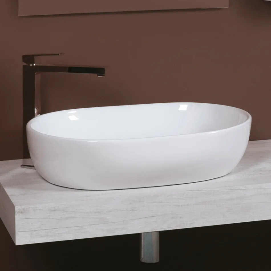 Lavabo da Appoggio Ovale in Ceramica Bianca dal Design Moderno - Papavero Viadurini