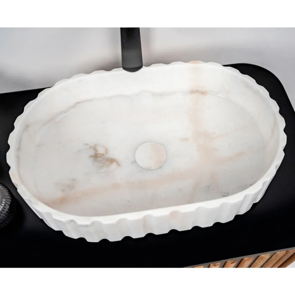 Lavabo da Appoggio Ovale per il Bagno Realizzato in Marmo Bianco - Cunzite Viadurini