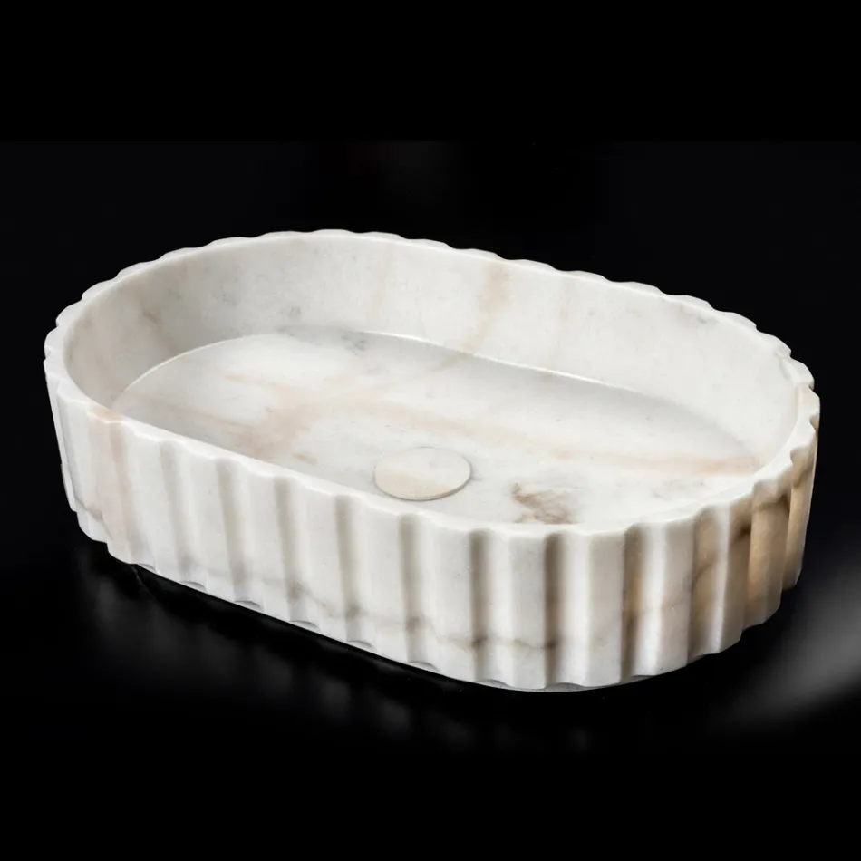 Lavabo da Appoggio Ovale per il Bagno Realizzato in Marmo Bianco - Cunzite Viadurini