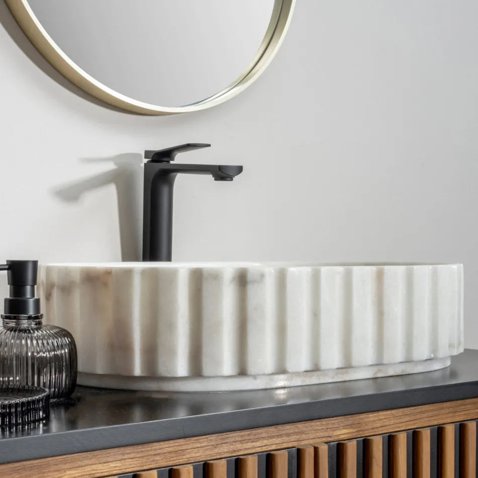 Lavabo da Appoggio Ovale per il Bagno Realizzato in Marmo Bianco - Cunzite Viadurini