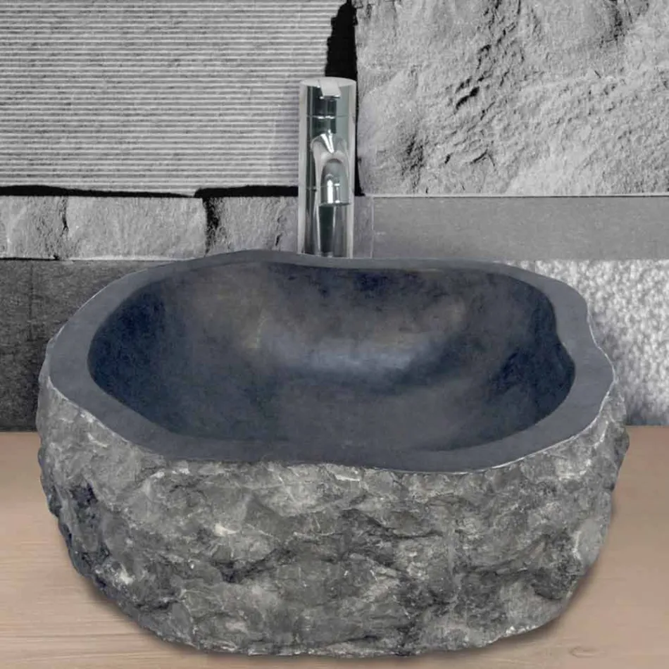 Lavabo da Appoggio Pezzo Unico in Marmo Nero Mumbai Viadurini