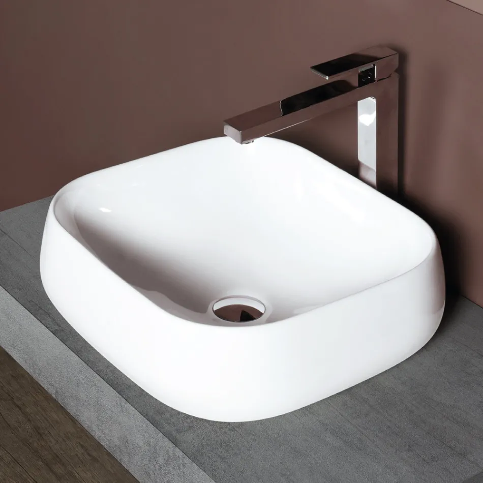 Lavabo da Appoggio Quadrato in Ceramica Bianca dal Design Moderno - Papavero Viadurini