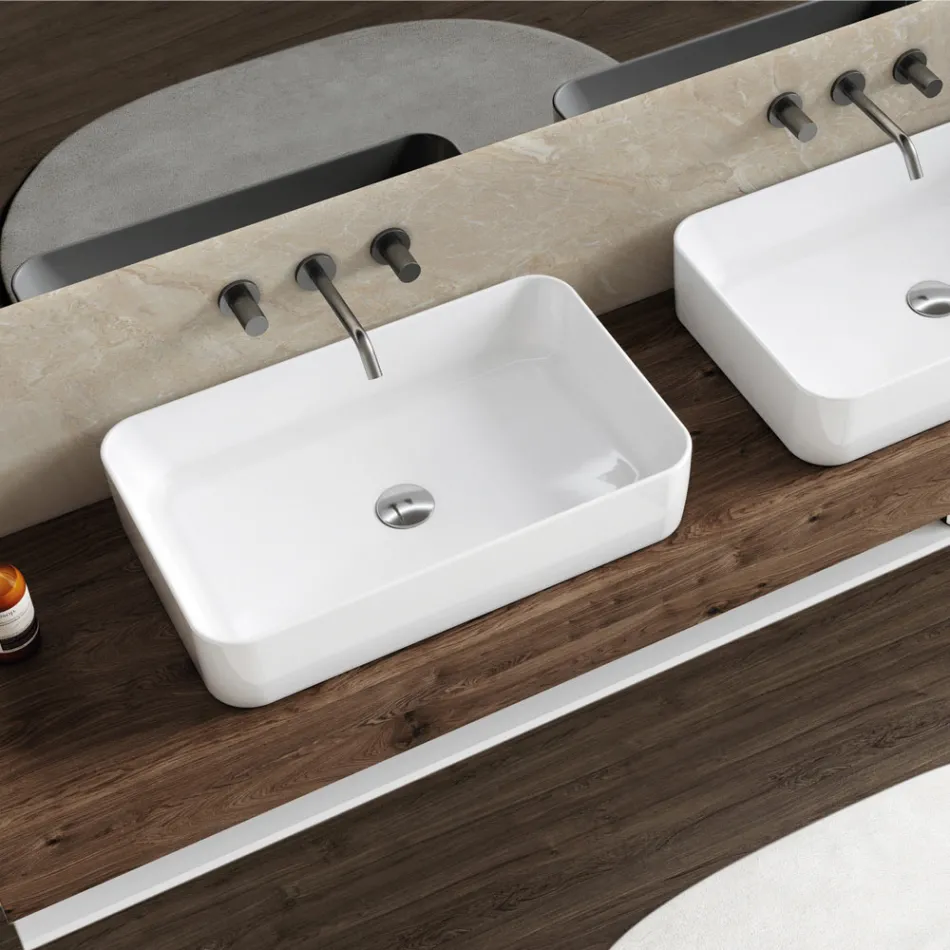 Lavabo da Appoggio Rettangolare in Ceramica dal Design Moderno - Aster Viadurini