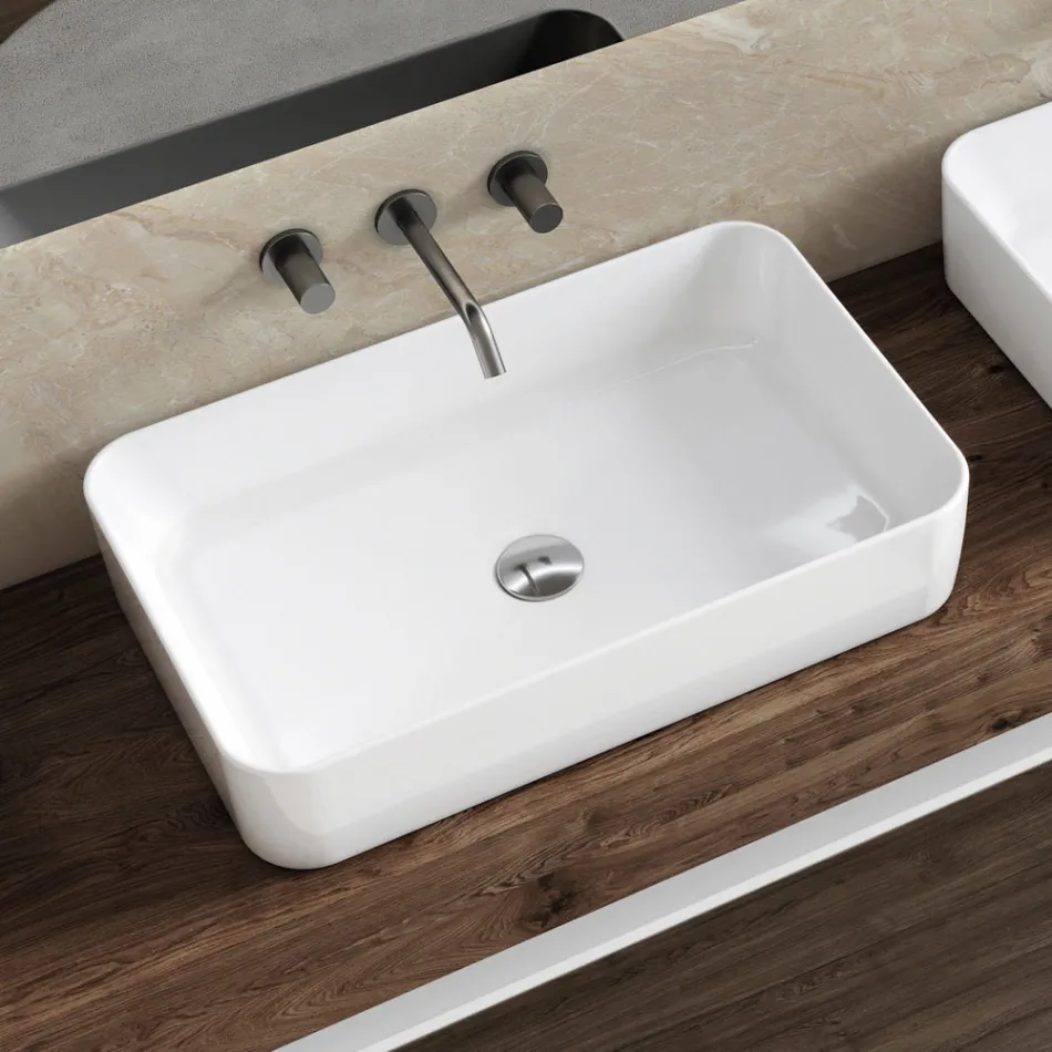 Lavabo da Appoggio Rettangolare in Ceramica dal Design Moderno - Aster Viadurini
