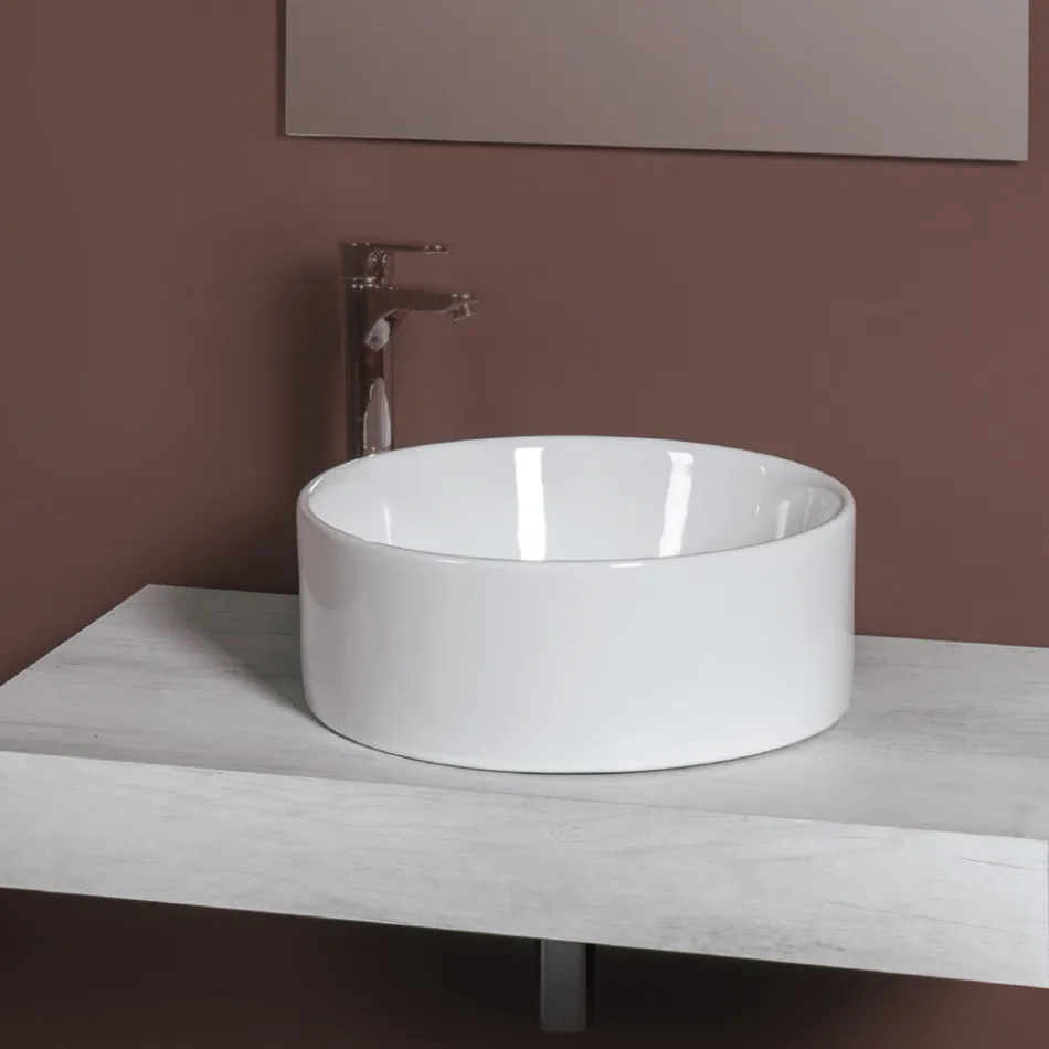 Lavabo da Appoggio Rotondo in Ceramica Bianca e Design Moderno- Papavero Viadurini