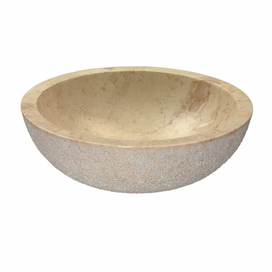 Lavabo da Appoggio Rotondo in Pietra Naturale Beige Esterno Grezzo Pai Viadurini