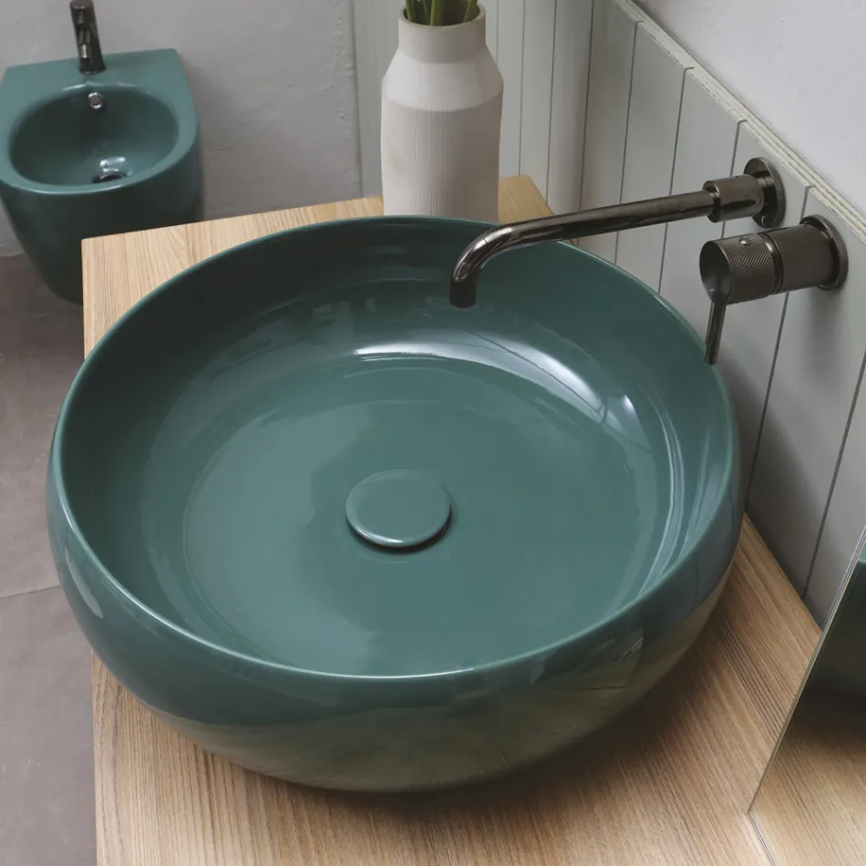 Lavabo da Appoggio Tondo in Ceramica Lucida Realizzato in Italia - Candito Viadurini