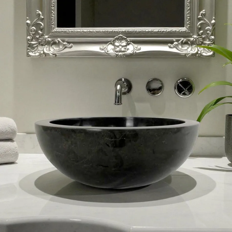 Lavabo da appoggio tondo nero in pietra naturale Levi, pezzo unico Viadurini