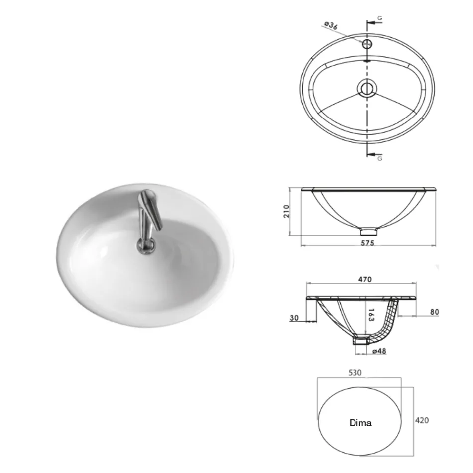 Lavabo da Incasso Soprapiano in Ceramica Bianca dal Design Moderno - Papavero Viadurini