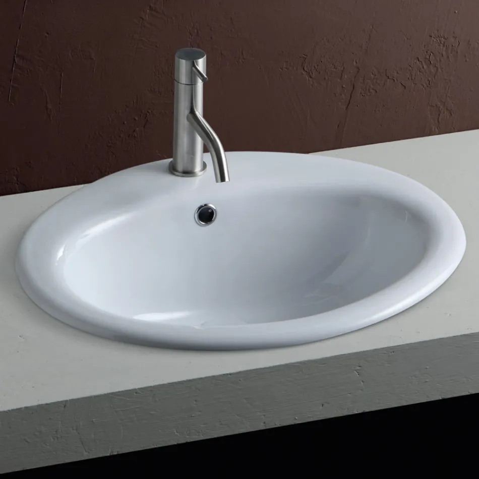 Lavabo da Incasso Soprapiano in Ceramica Bianca dal Design Moderno - Papavero Viadurini