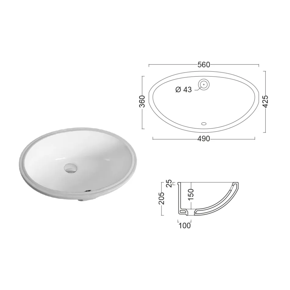 Lavabo da Incasso Sottopiano in Ceramica dal Design Moderno - Papavero Viadurini