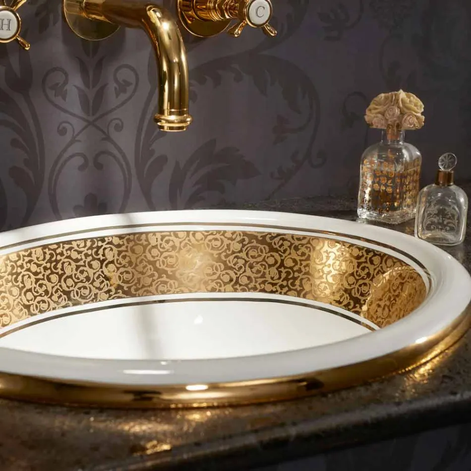 Lavabo da incasso tondo in fire clay e oro fatto in Italia, Otis Viadurini