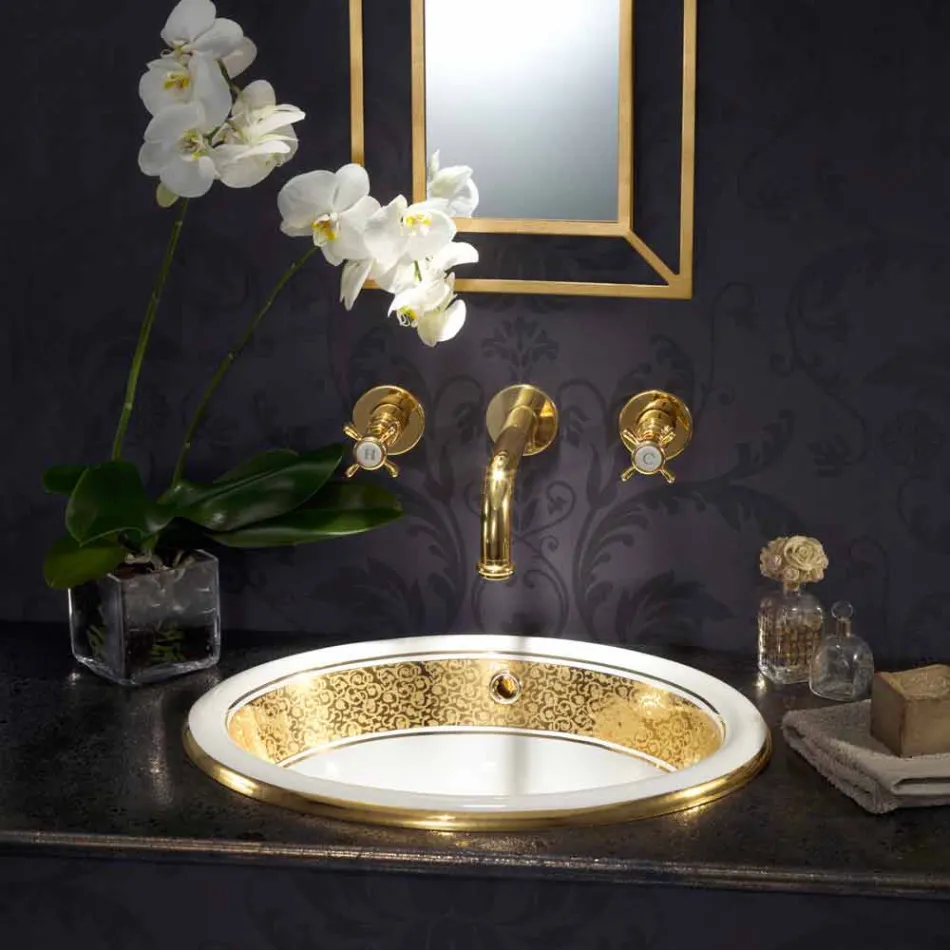 Lavabo da incasso tondo in fire clay e oro fatto in Italia, Otis Viadurini