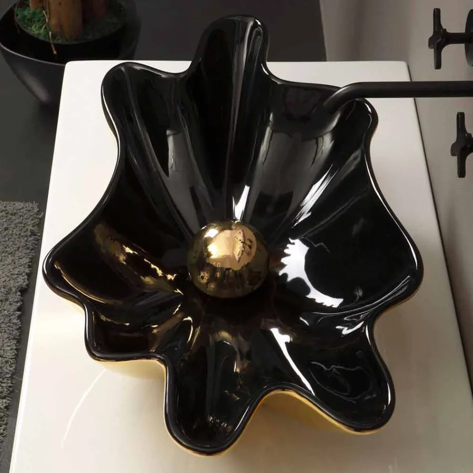 Lavabo di design da appoggio ceramica nero e oro made in Italy Rayan Viadurini