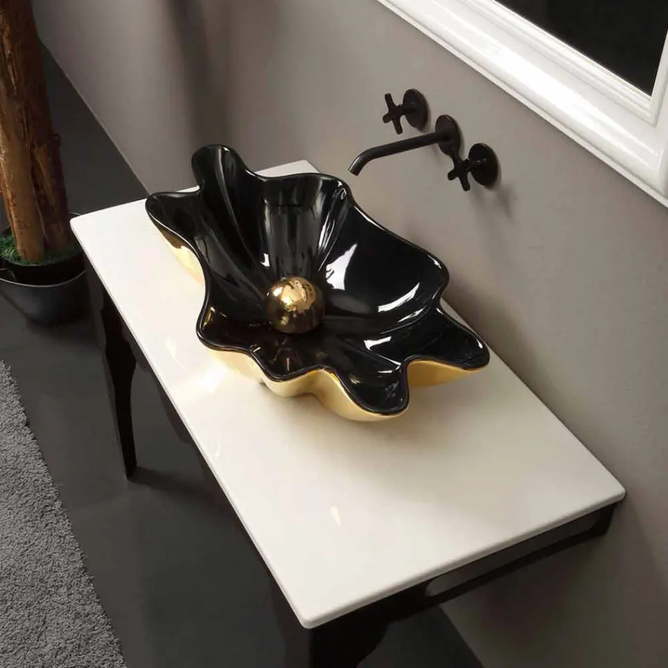 Lavabo di design da appoggio ceramica nero e oro made in Italy Rayan Viadurini
