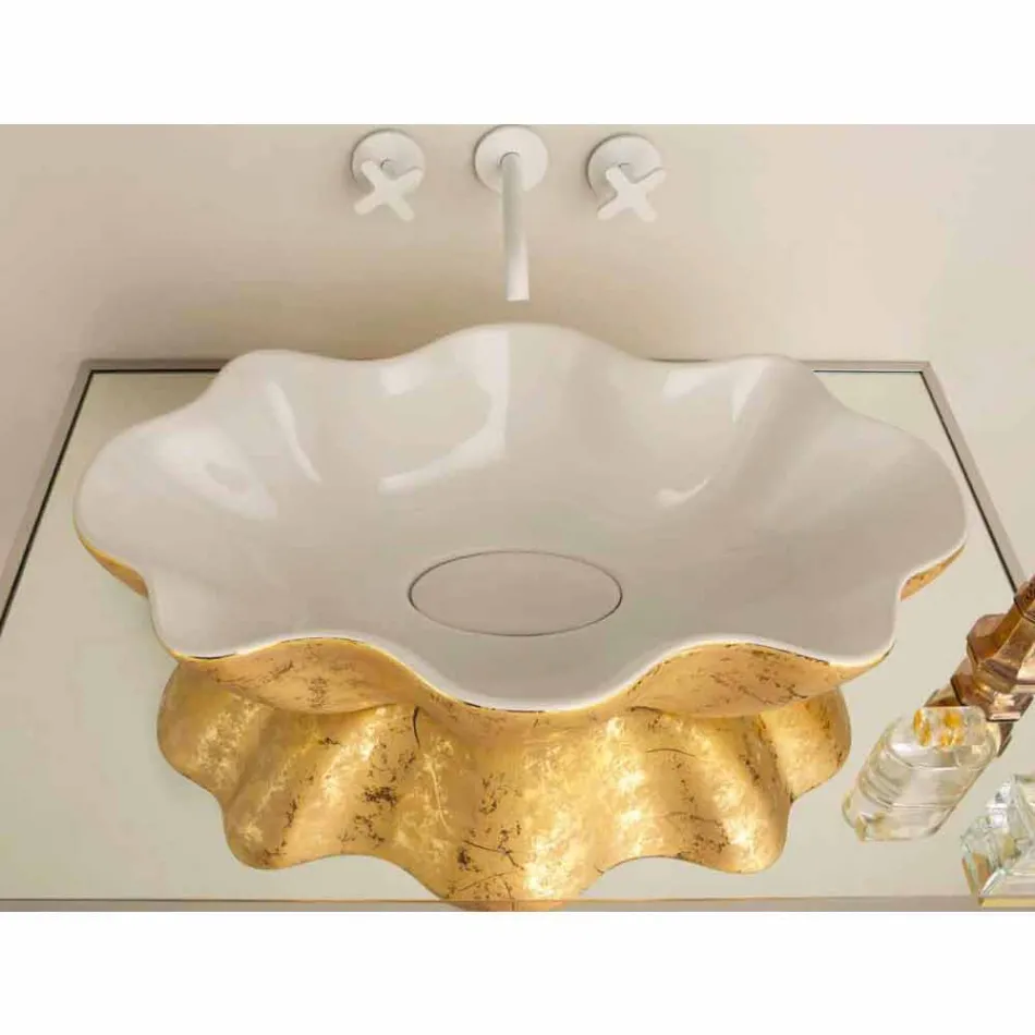 Lavabo di design da appoggio in ceramica bianco e oro made Italy Cubo Viadurini