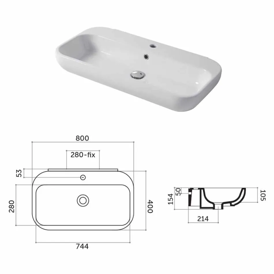 Lavabo di Design Monoforo da Appoggio o Parete in Ceramica Riardo Viadurini