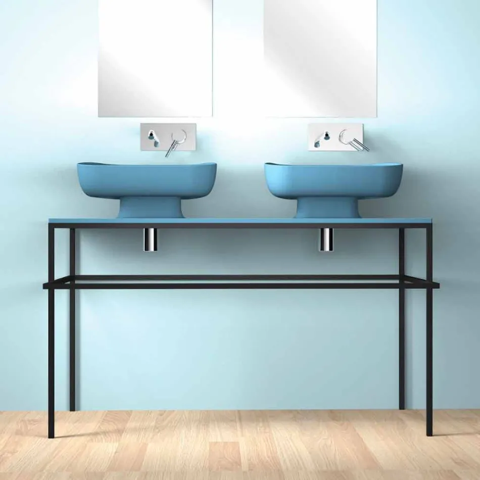 Lavabo doppio da appoggio in ceramica moderno fatto in Italia, Reale Viadurini