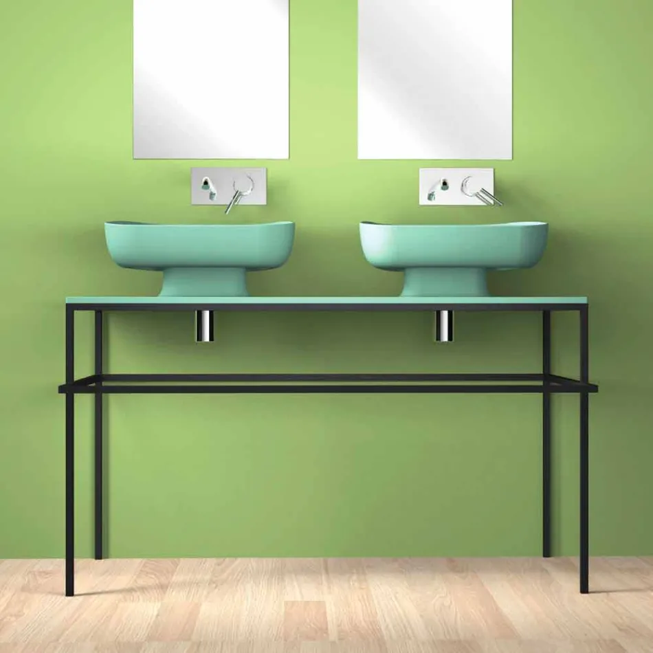 Lavabo doppio da appoggio in ceramica moderno fatto in Italia, Reale Viadurini
