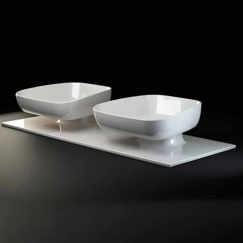 Lavabo doppio da appoggio in ceramica moderno fatto in Italia, Reale Viadurini