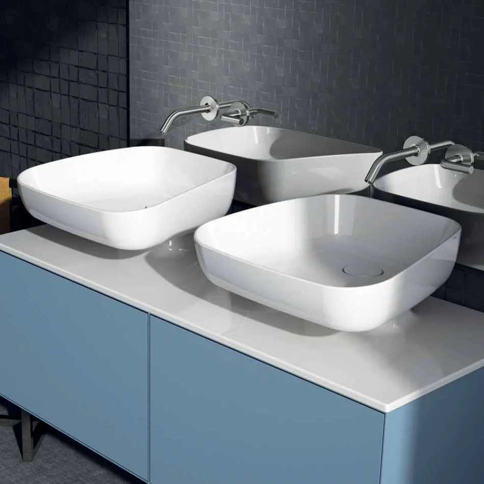 Lavabo doppio da appoggio in ceramica moderno fatto in Italia, Reale Viadurini