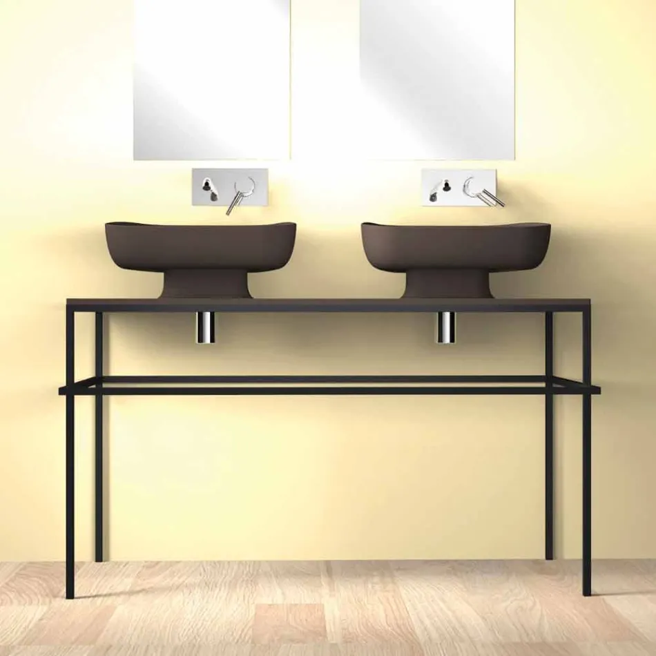 Lavabo doppio da appoggio in ceramica moderno fatto in Italia, Reale Viadurini