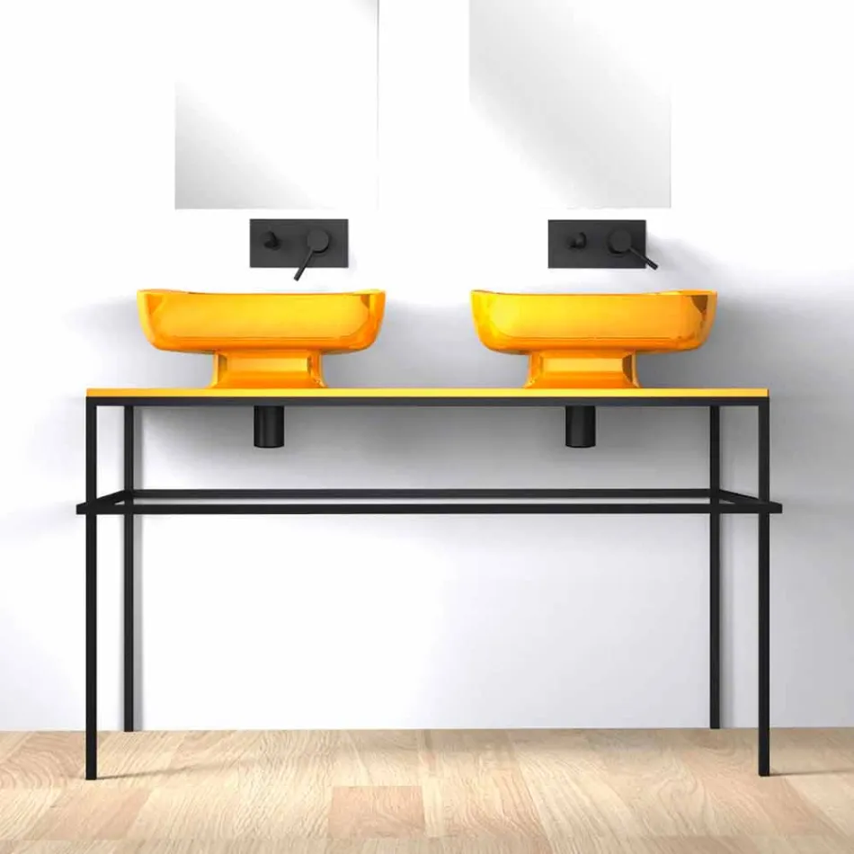 Lavabo doppio da appoggio in ceramica moderno fatto in Italia, Reale Viadurini