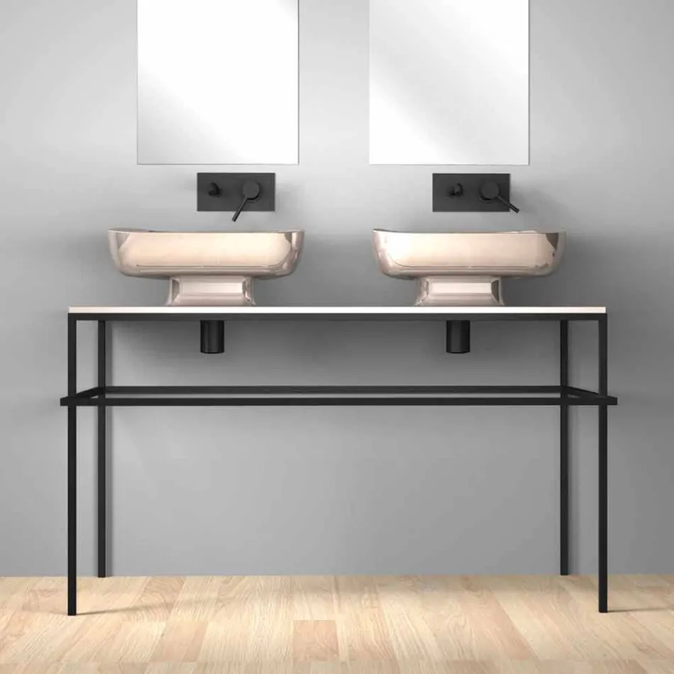 Lavabo doppio da appoggio in ceramica moderno fatto in Italia, Reale Viadurini
