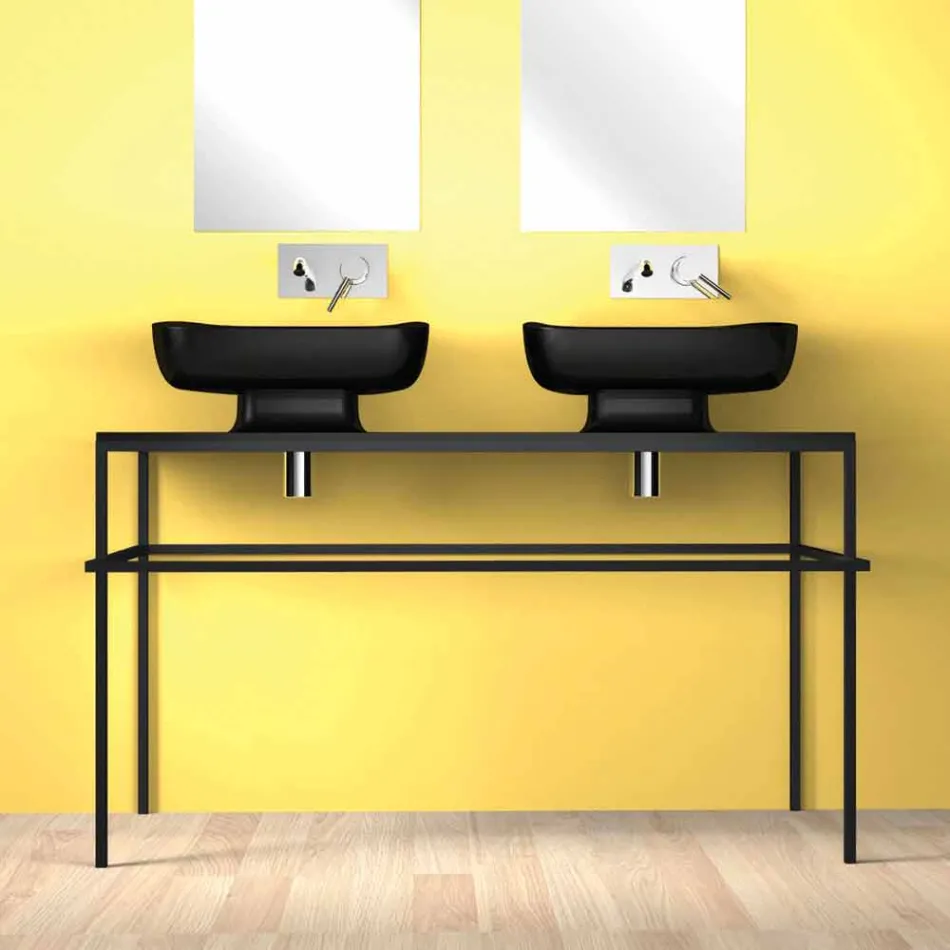 Lavabo doppio da appoggio in ceramica moderno fatto in Italia, Reale Viadurini