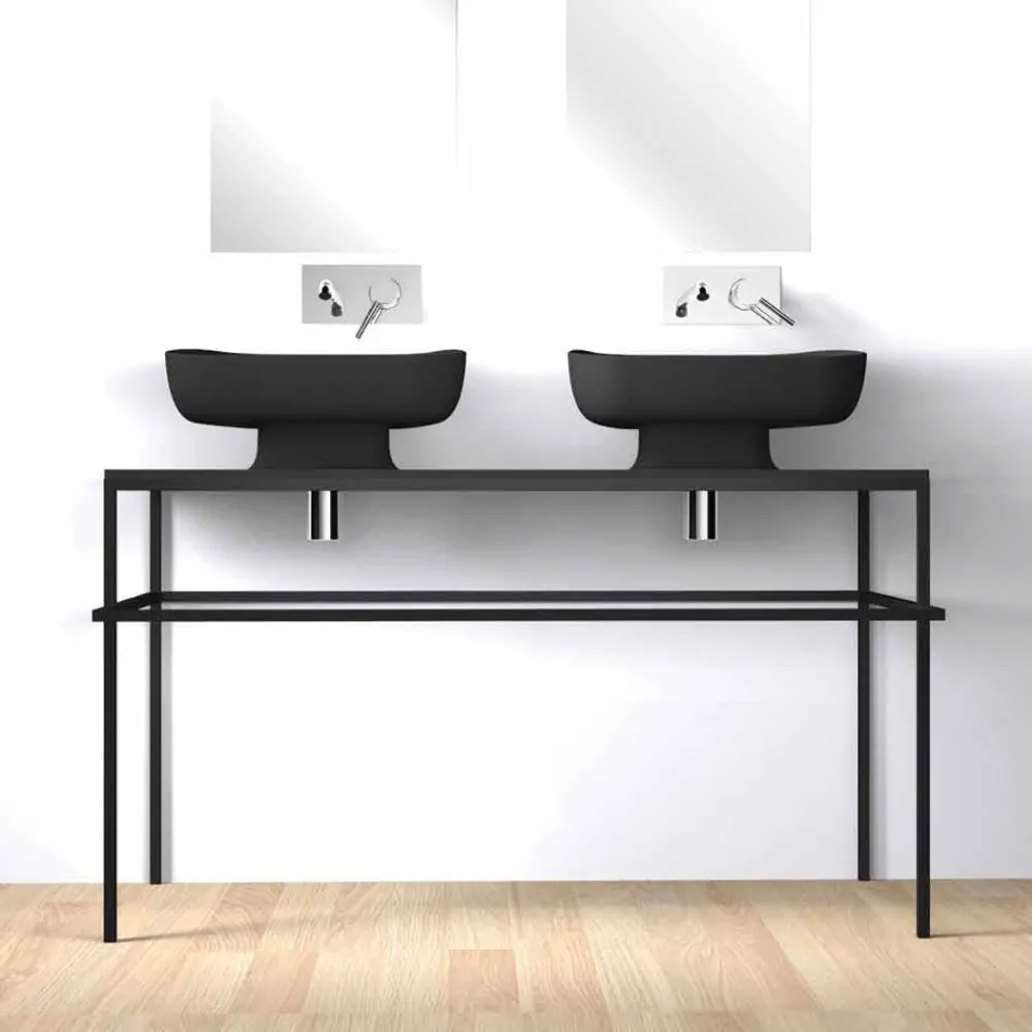 Lavabo doppio da appoggio in ceramica moderno fatto in Italia, Reale Viadurini