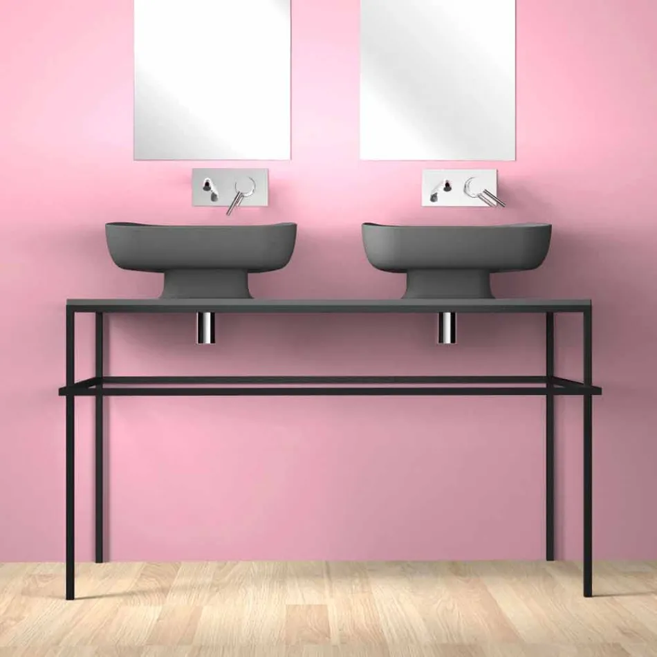 Lavabo doppio da appoggio in ceramica moderno fatto in Italia, Reale Viadurini