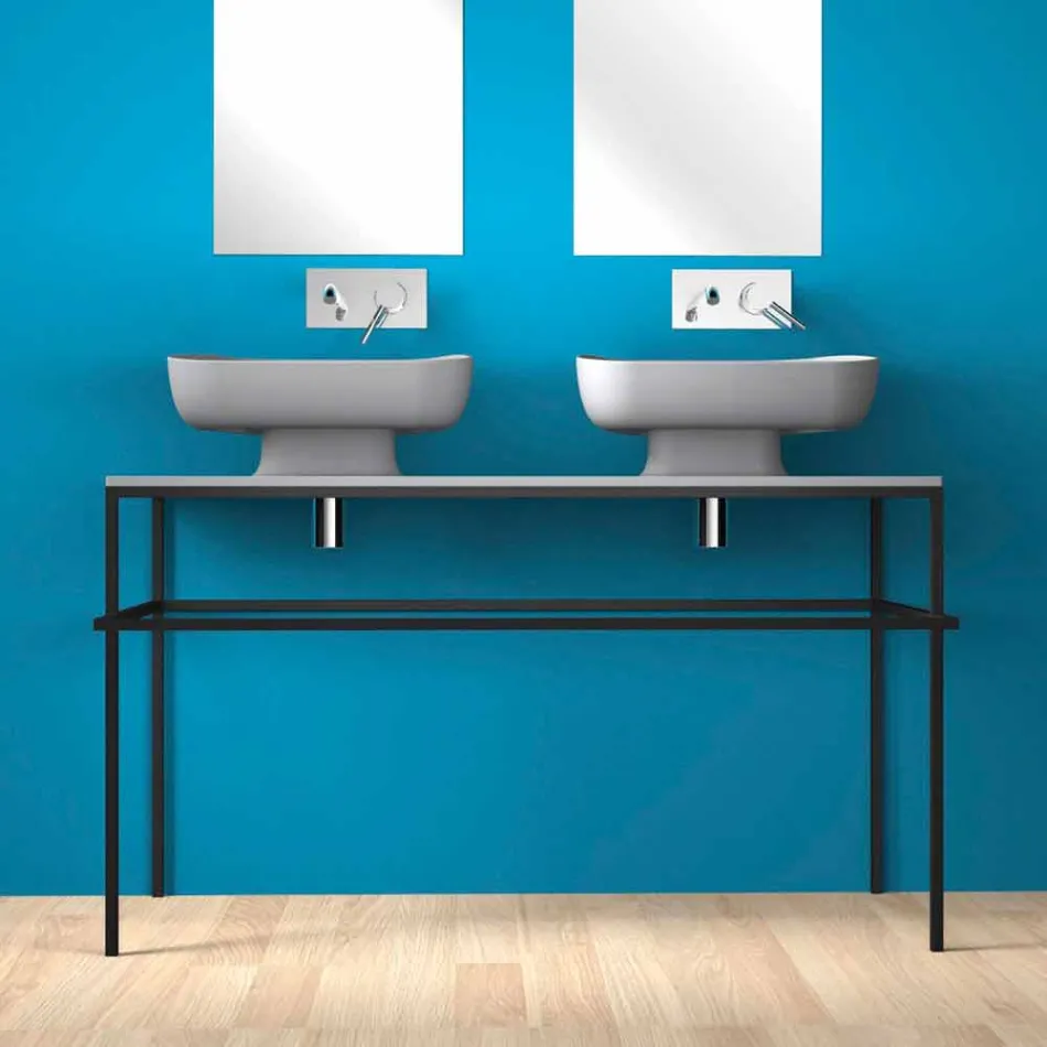 Lavabo doppio da appoggio in ceramica moderno fatto in Italia, Reale Viadurini