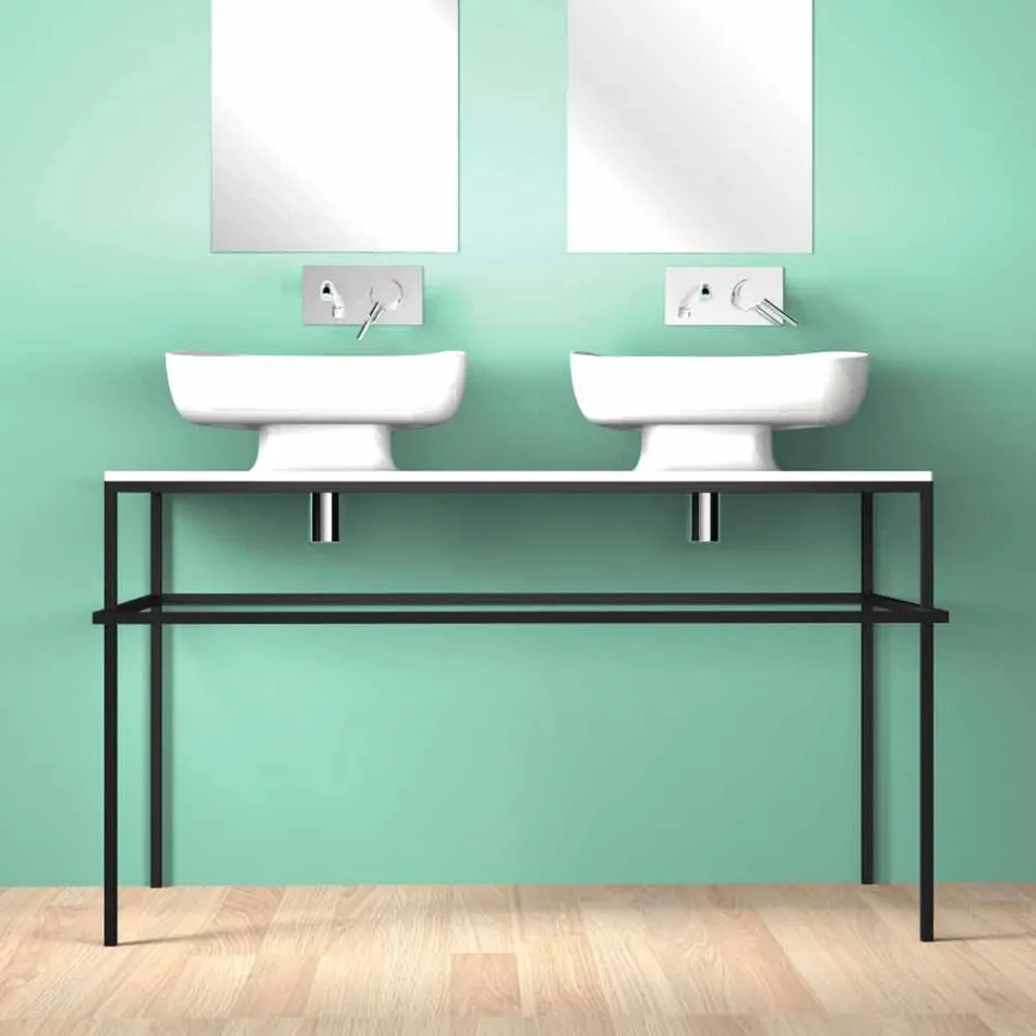 Lavabo doppio da appoggio in ceramica moderno fatto in Italia, Reale Viadurini