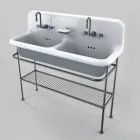 Lavabo in ceramica a due vasche da appoggio su struttura Calvin Viadurini