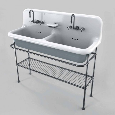 Lavabo in ceramica a due vasche da appoggio su struttura Calvin Viadurini