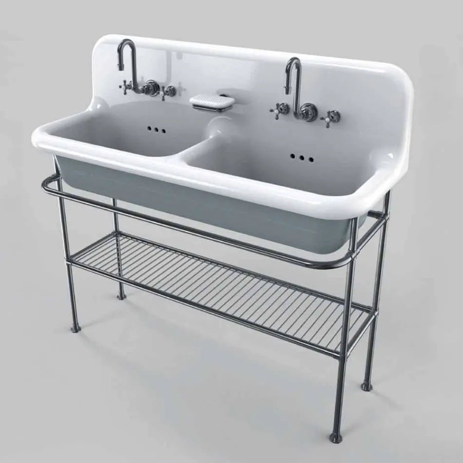 Lavabo in ceramica a due vasche da appoggio su struttura Calvin Viadurini
