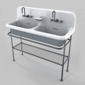 Lavabo in ceramica vintage a due vasche da appoggio su struttura Calvin