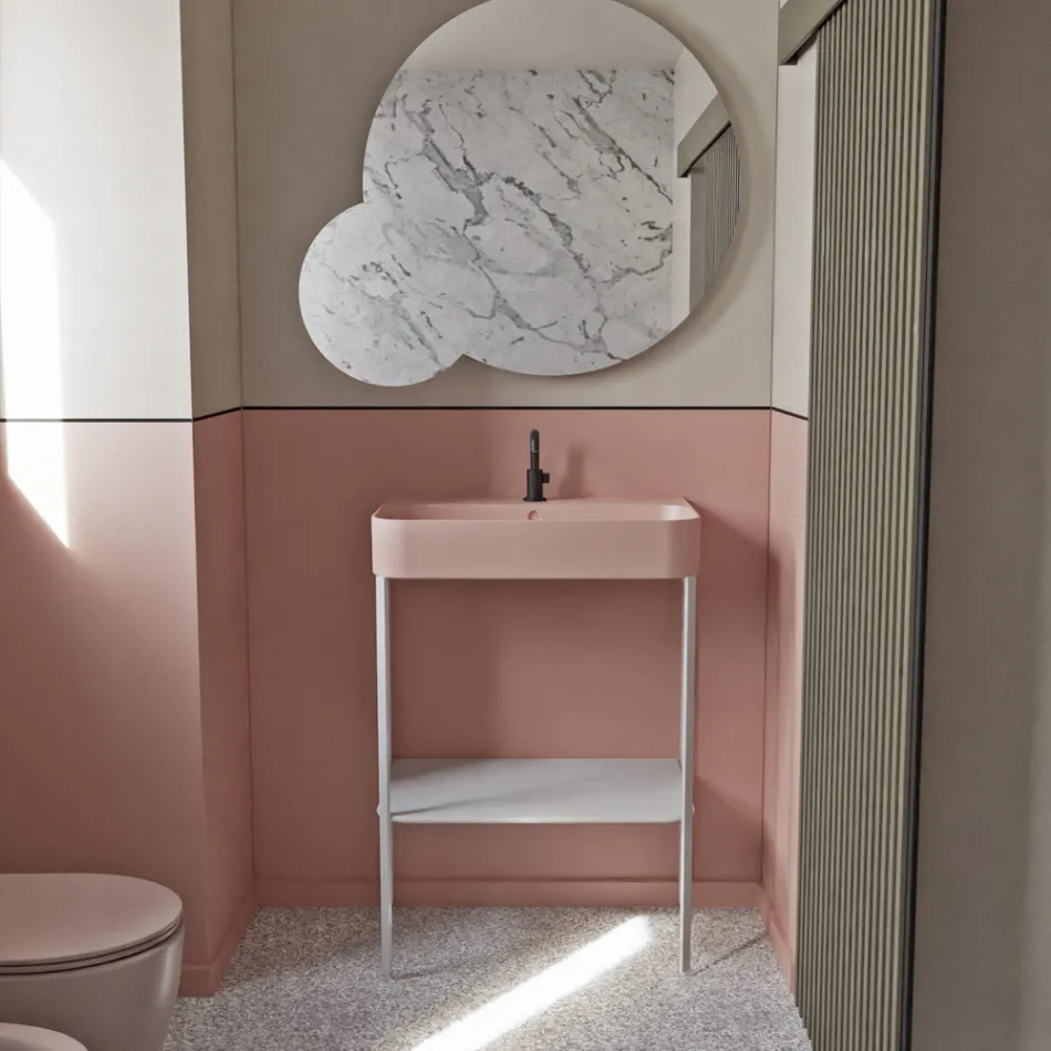 Lavabo in Ceramica con Struttura a Terra con Ripiano Made in Italy - Graffa Viadurini