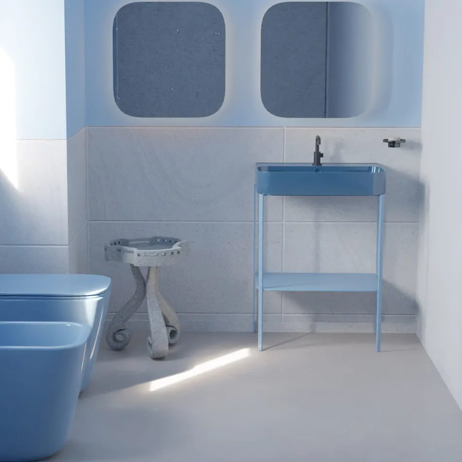 Lavabo in Ceramica con Struttura a Terra con Ripiano Made in Italy - Graffa Viadurini