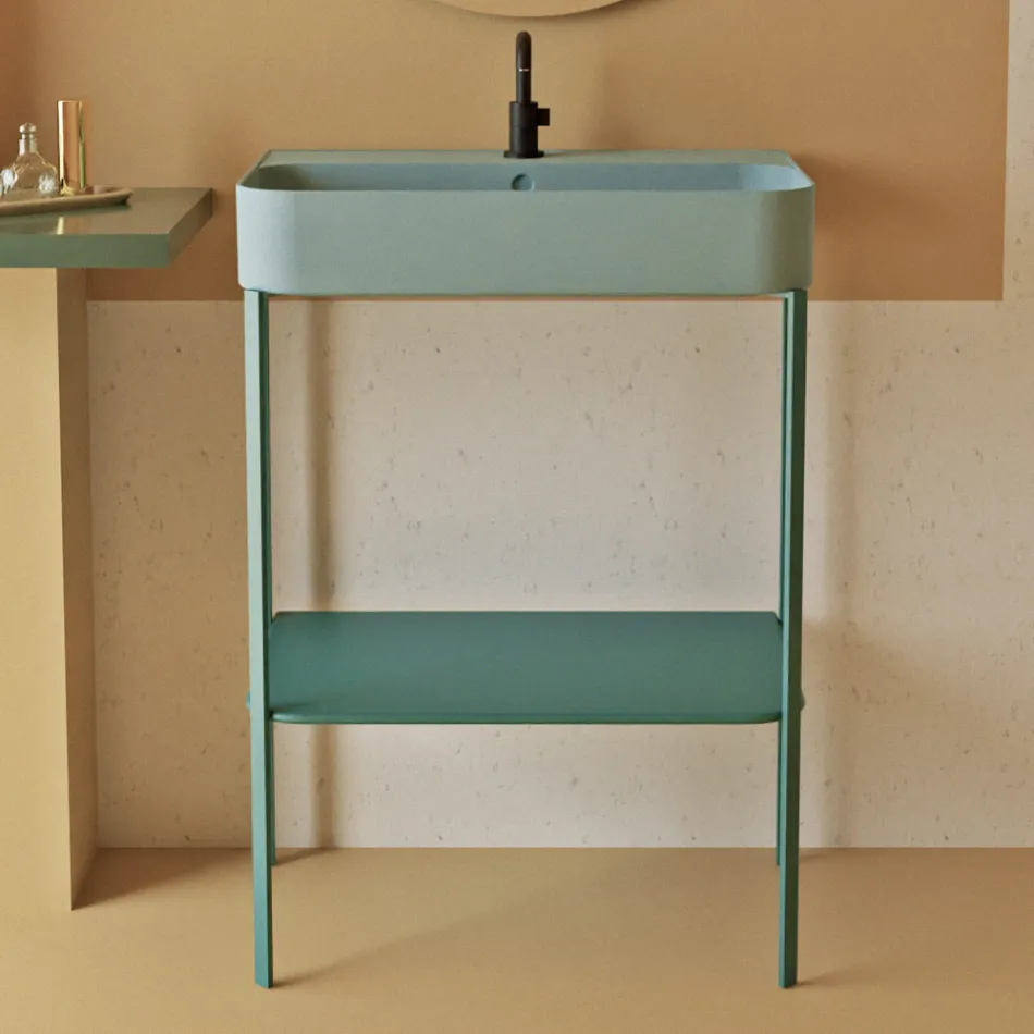 Lavabo in Ceramica con Struttura a Terra con Ripiano Made in Italy - Graffa Viadurini