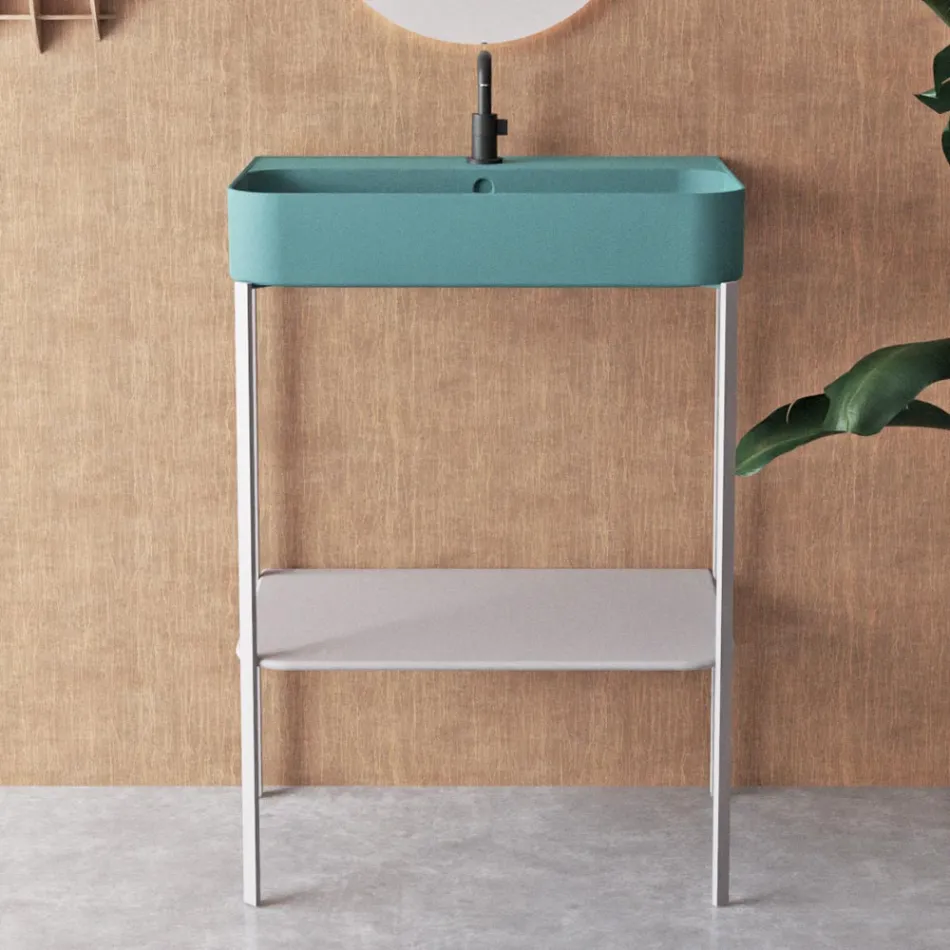 Lavabo in Ceramica con Struttura a Terra con Ripiano Made in Italy - Graffa Viadurini